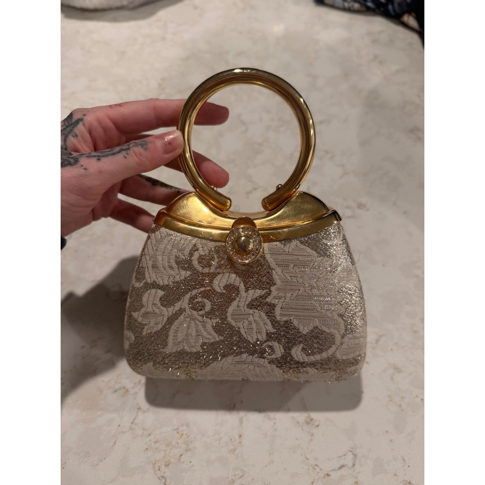 Vintage Sasha Gold Floral Brocade Evening Bag Rhinestone Clasp Ring Handle